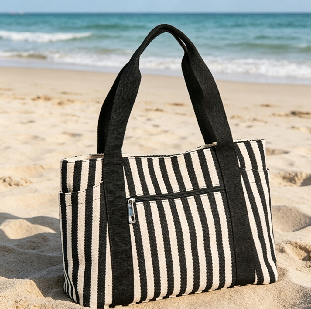 Vertical Stripe Canvas Shoulder Tote Bag - Black - 3