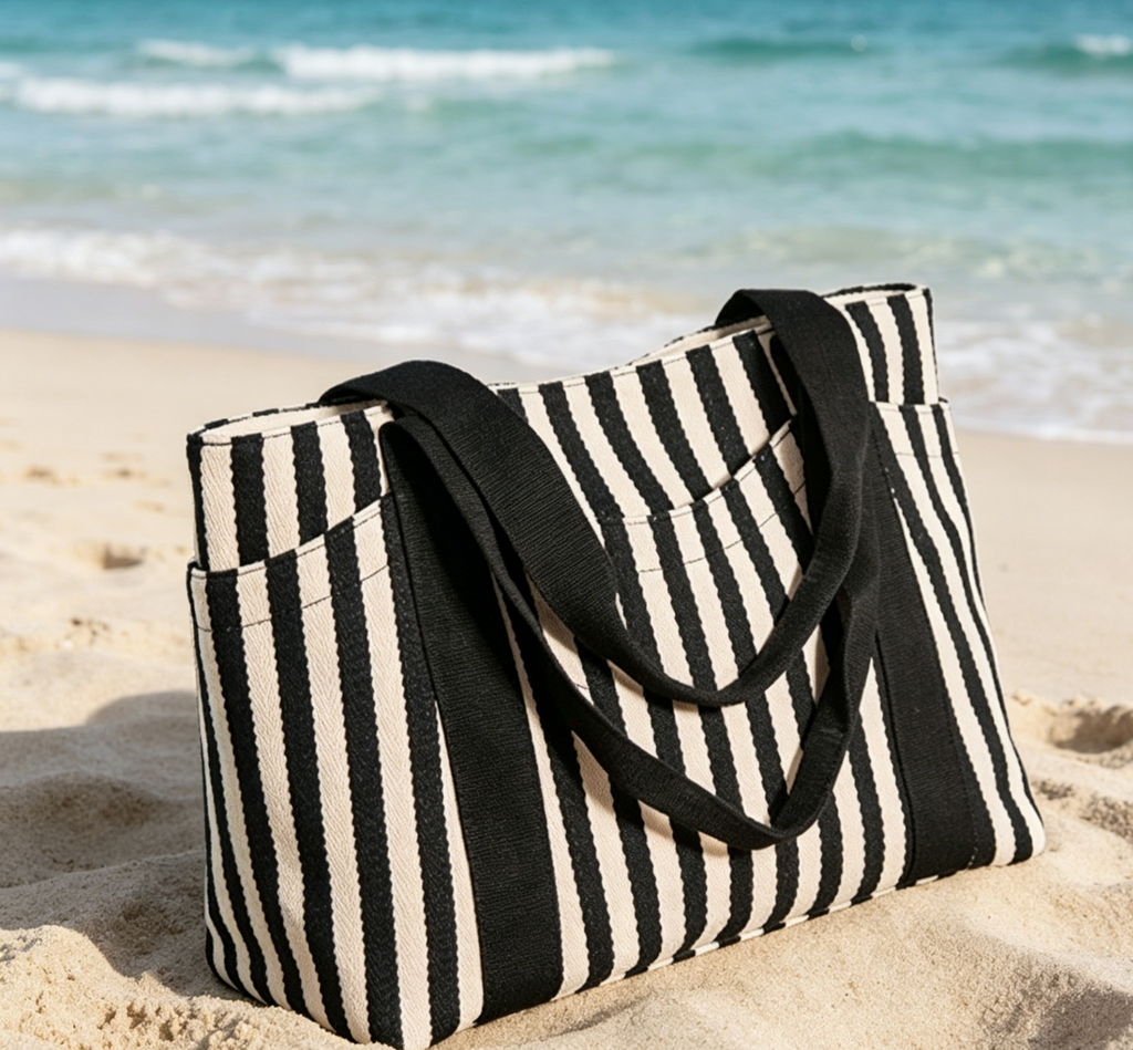 Vertical Stripe Canvas Shoulder Tote Bag - Black - 4
