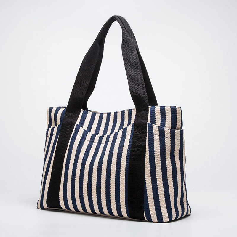 Vertical Stripe Canvas Shoulder Tote Bag - Blue