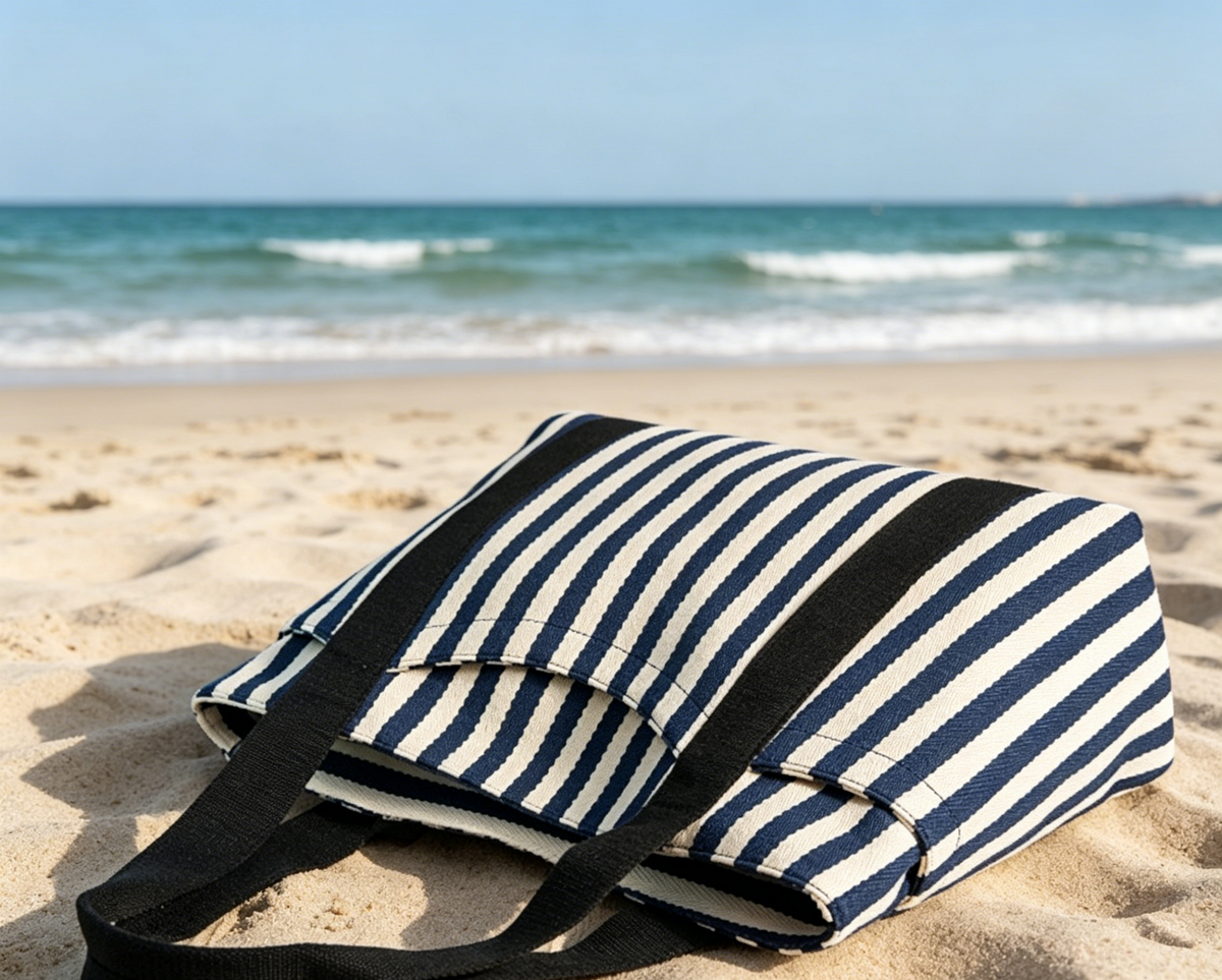 Vertical Stripe Canvas Shoulder Tote Bag - Blue - 2