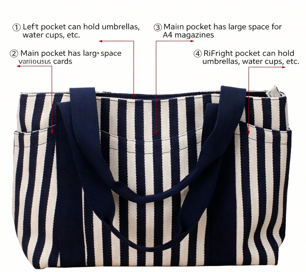 Vertical Stripe Canvas Shoulder Tote Bag - Blue - 5