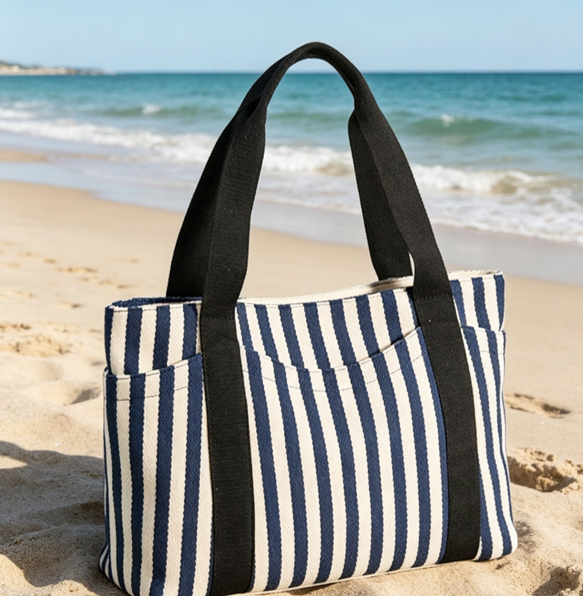 Vertical Stripe Canvas Shoulder Tote Bag - Blue - 6