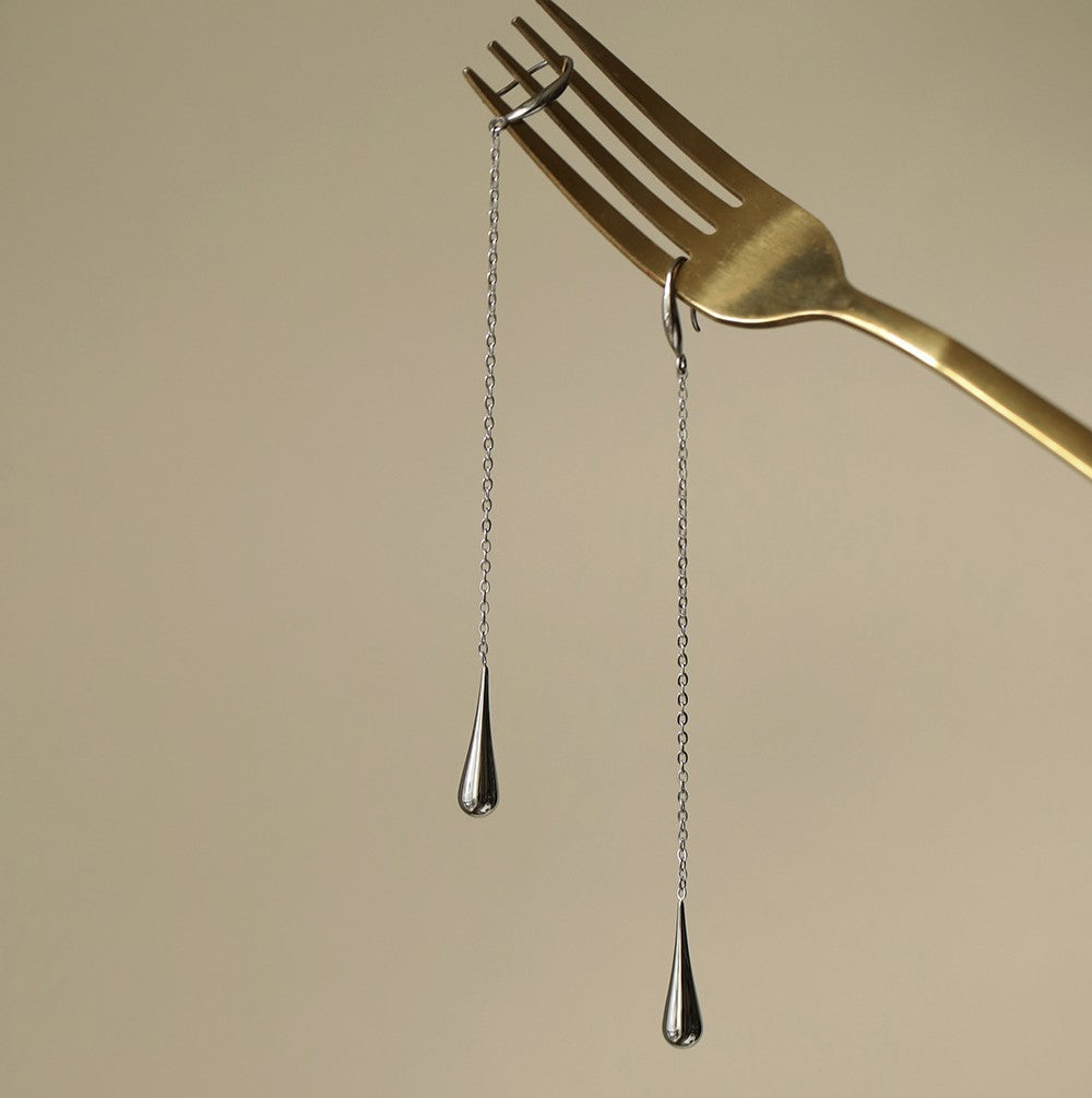 Long Chain Threader Teardrop Earrings - Silvery - 1