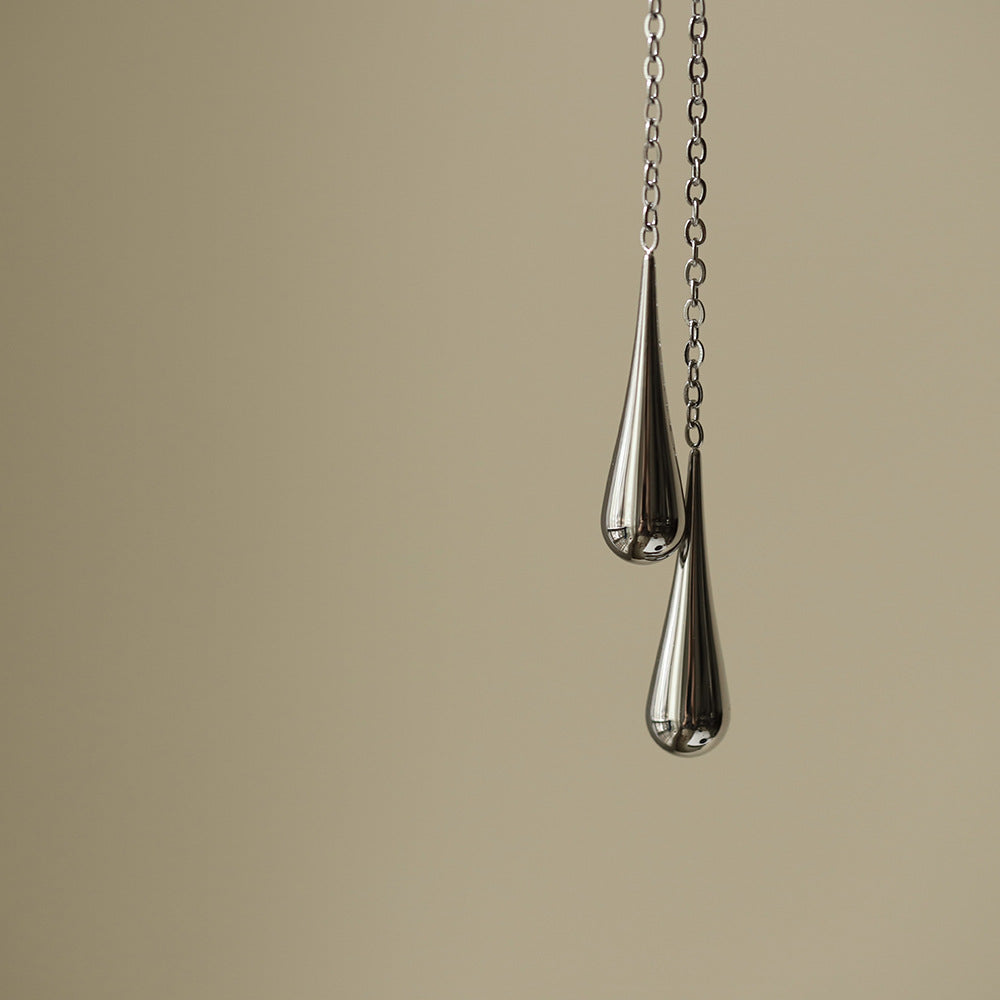 Long Chain Threader Teardrop Earrings - Silvery - 2