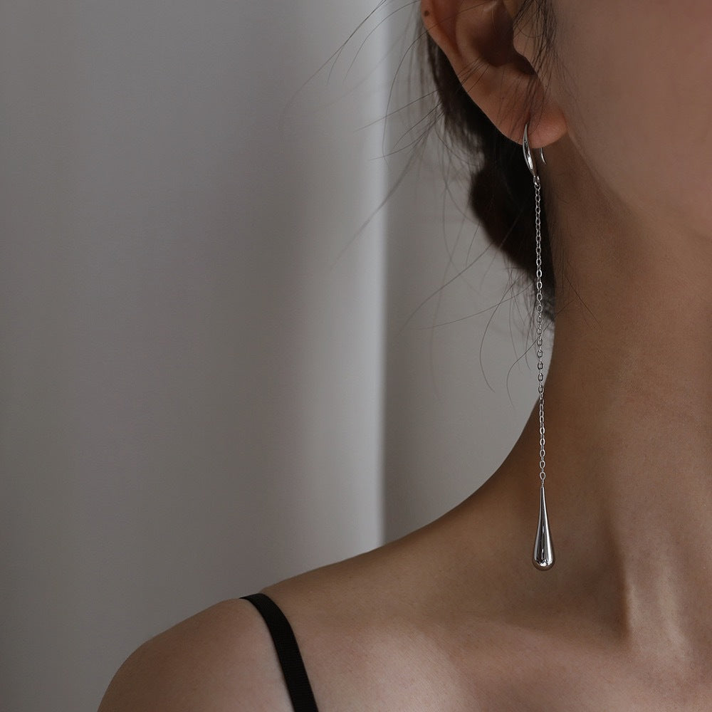 Long Chain Threader Teardrop Earrings - Silvery - 4