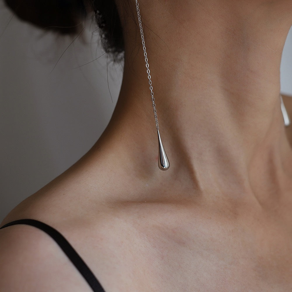 Long Chain Threader Teardrop Earrings - Silvery - 5