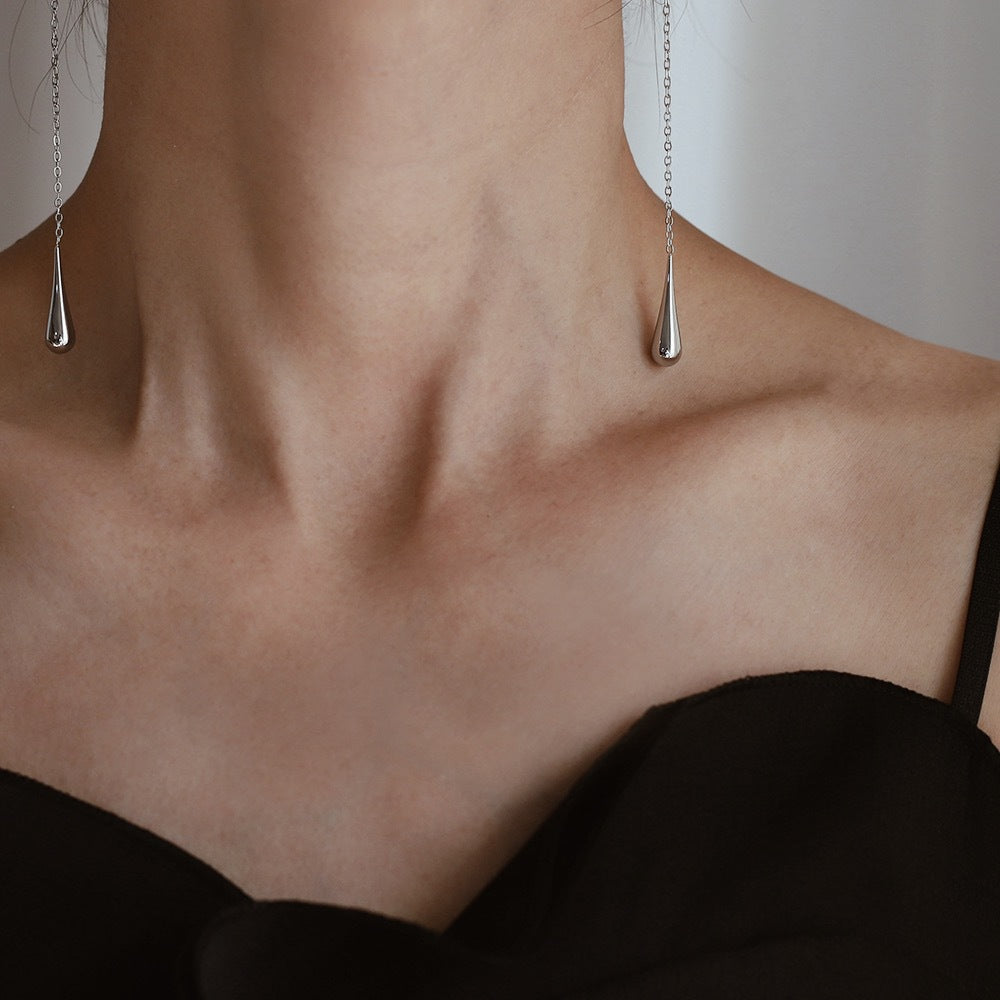 Long Chain Threader Teardrop Earrings - Silvery - 6