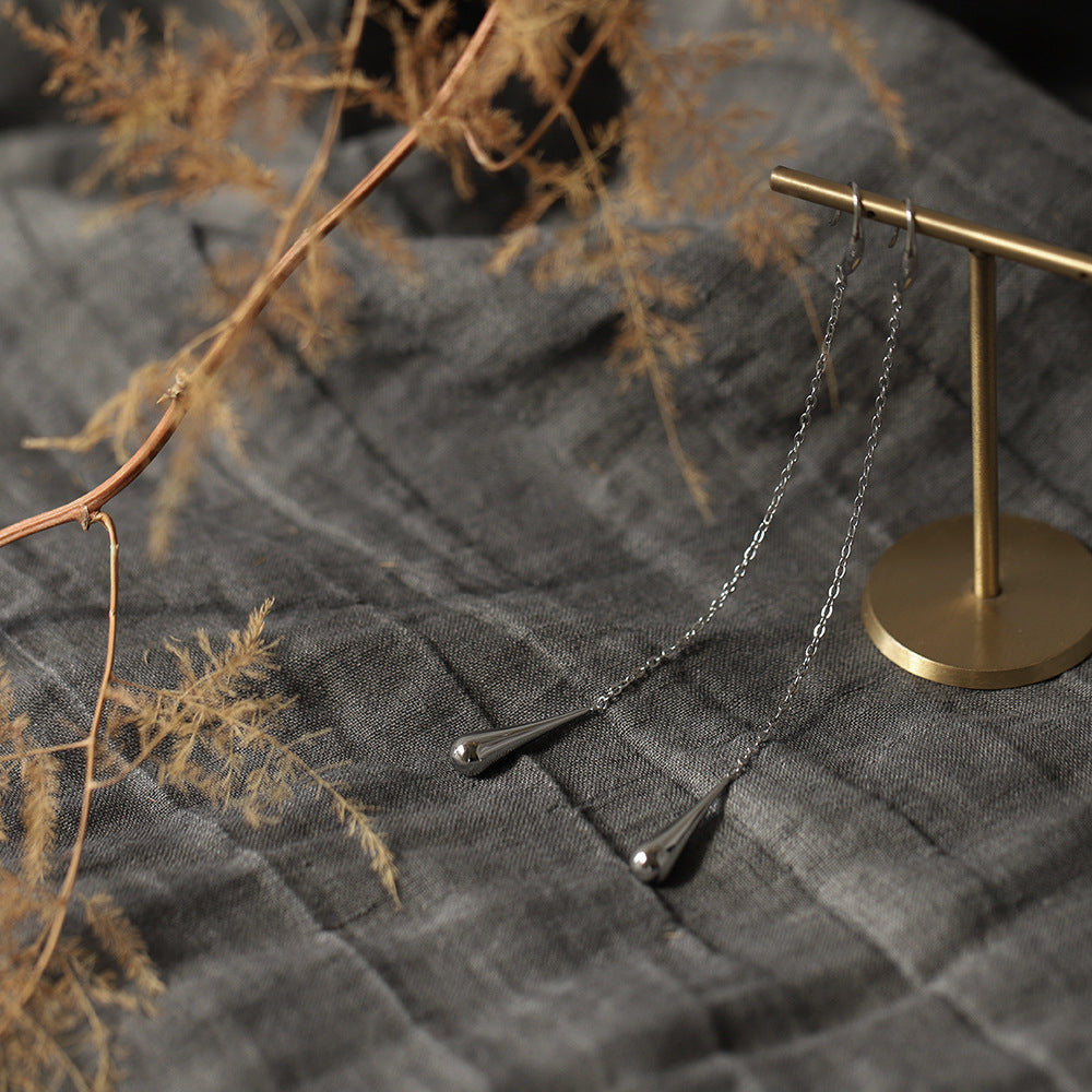 Long Chain Threader Teardrop Earrings - Silvery - 8