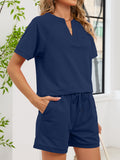 Notch Neck Tee And Pocket Shorts Set - Navyblue