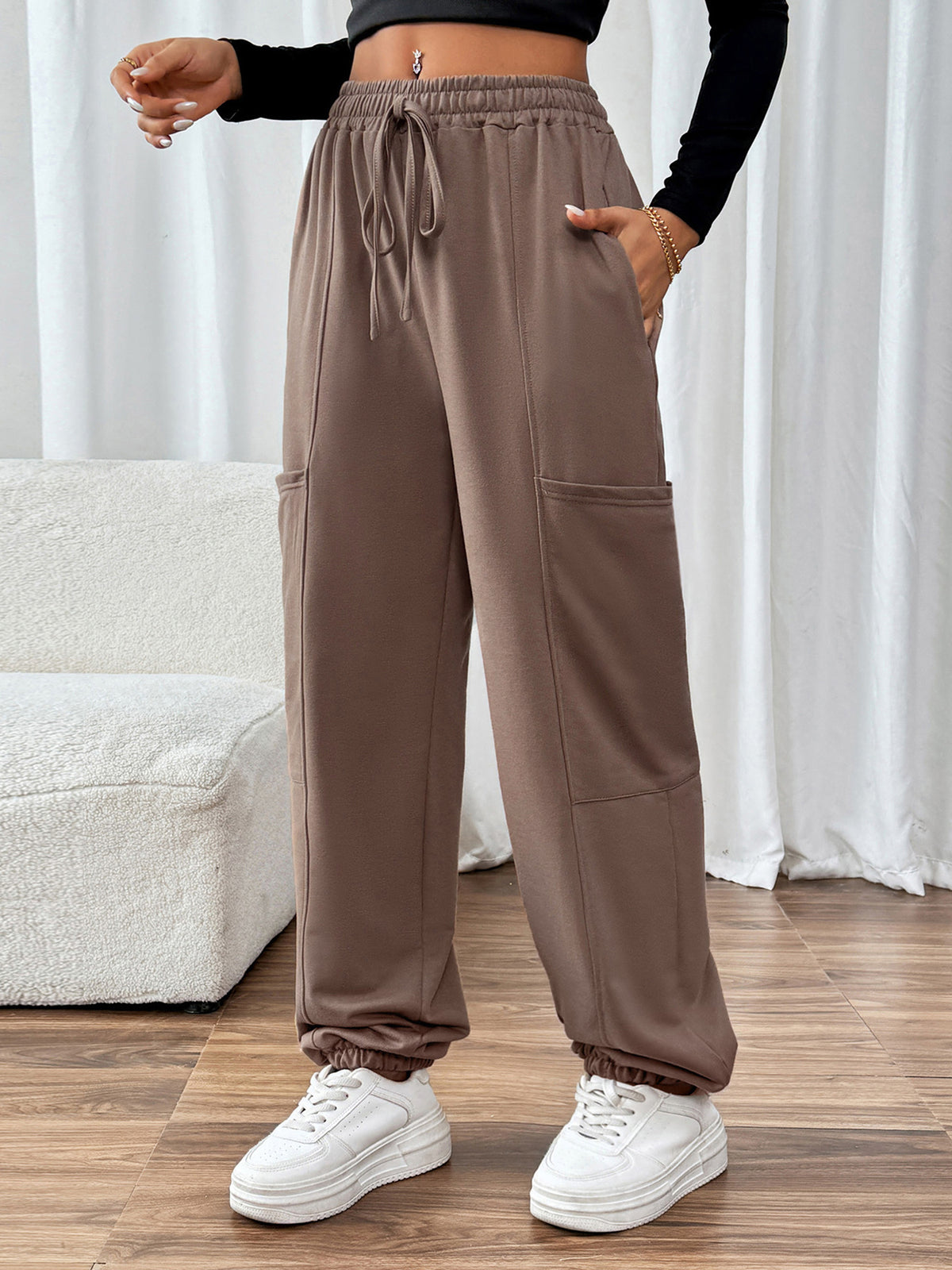 Drawstring Elastic Cuff Pocket Joggers - Brown