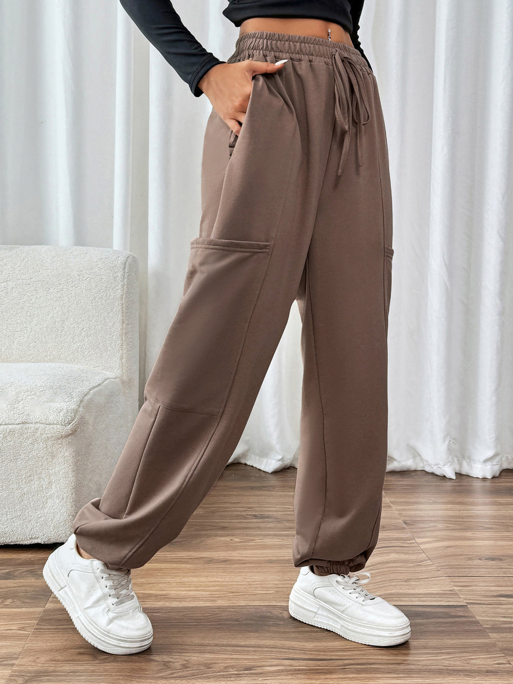 Drawstring Elastic Cuff Pocket Joggers - Brown - 1