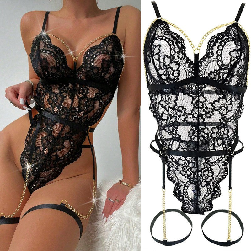 Black Floral Lace Chain Garter Teddy Bodysuit