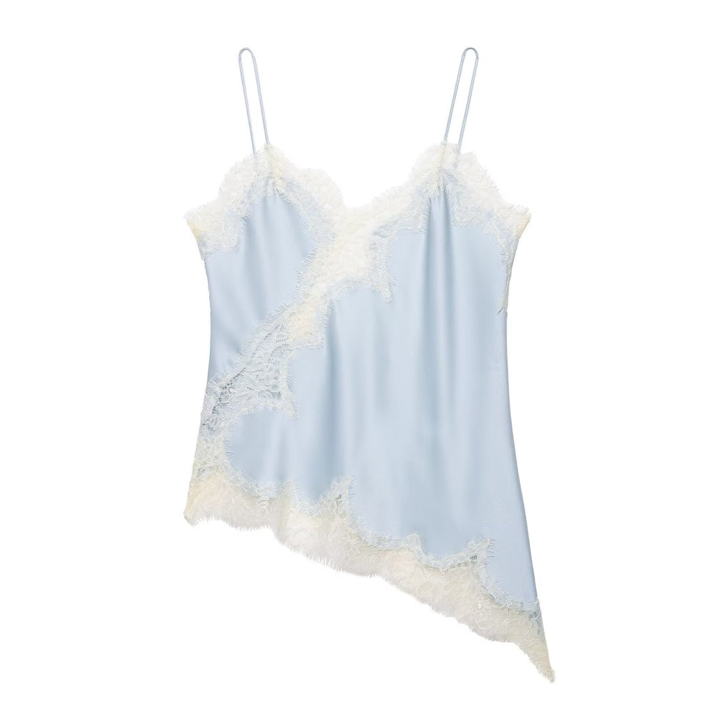 Lace Splice Satin Asymmetric Hem Camisole - Blue