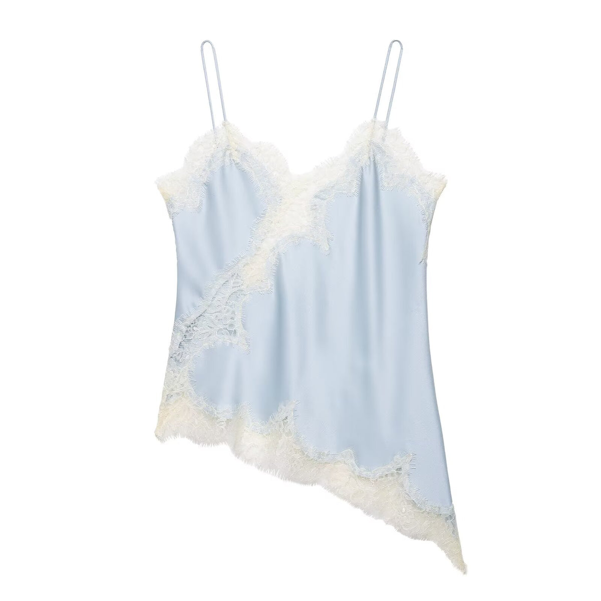 Lace Splice Satin Asymmetric Hem Camisole - Blue