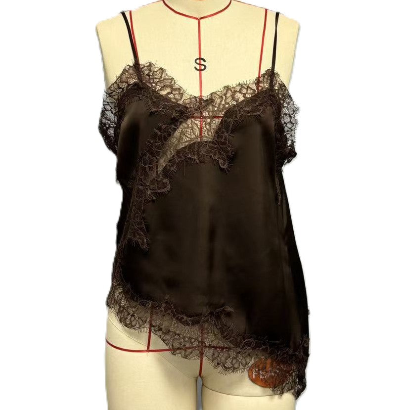 Lace Splice Satin Asymmetric Hem Camisole - Coffee
