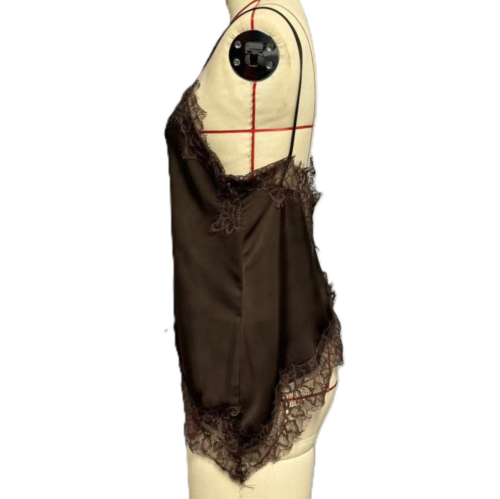 Lace Splice Satin Asymmetric Hem Camisole - Coffee - 1