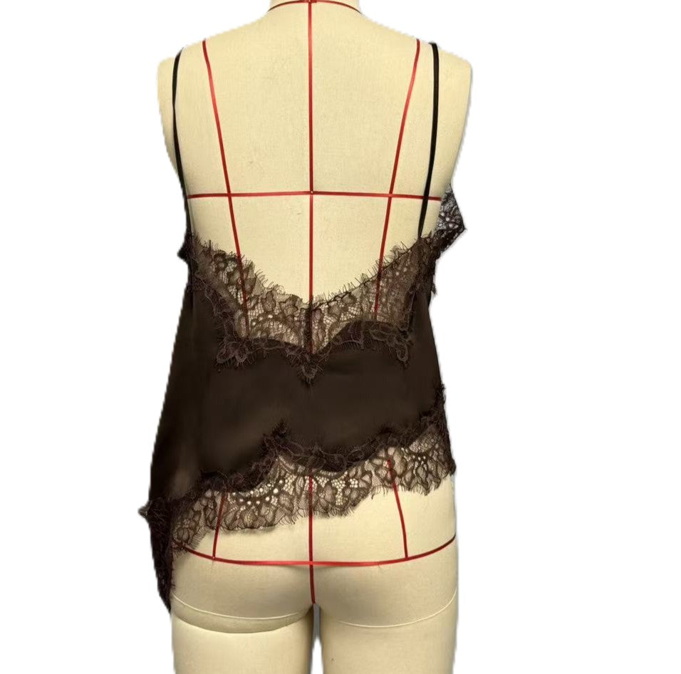 Lace Splice Satin Asymmetric Hem Camisole - Coffee - 2