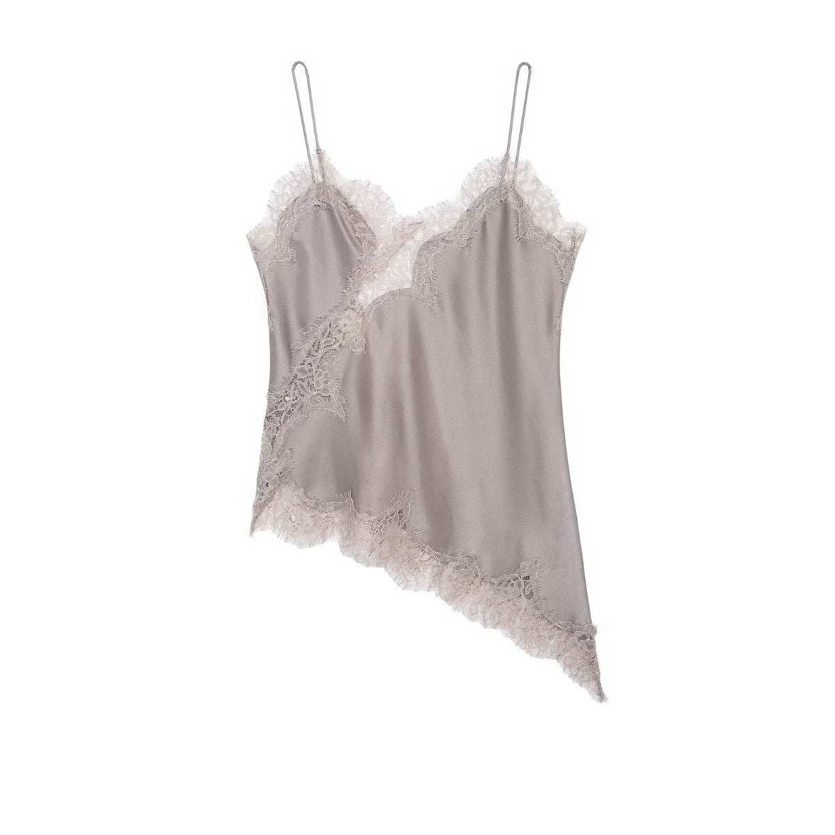 Lace Splice Satin Asymmetric Hem Camisole - Grey