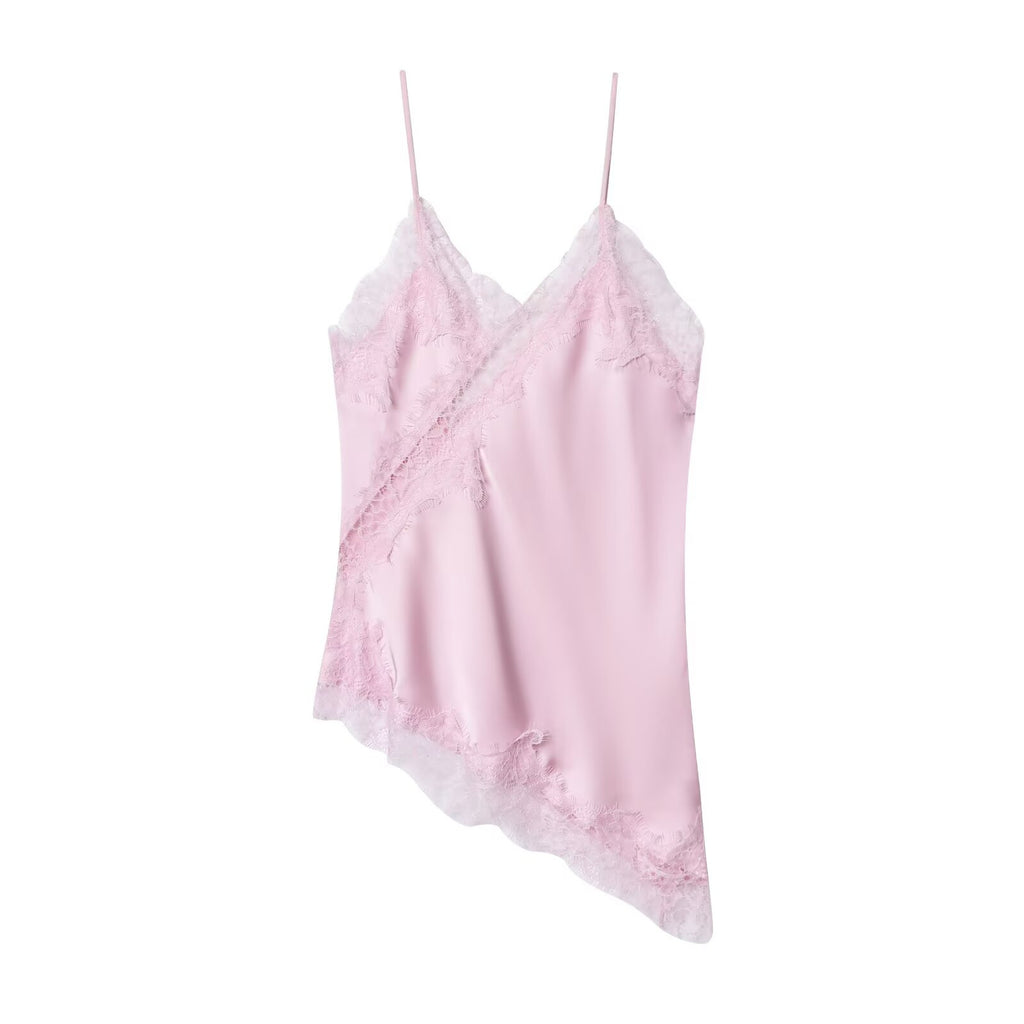 Lace Splice Satin Asymmetric Hem Camisole - Pink