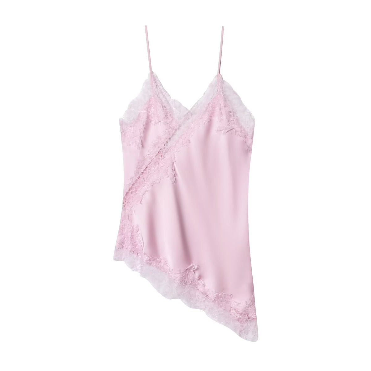Lace Splice Satin Asymmetric Hem Camisole - Pink