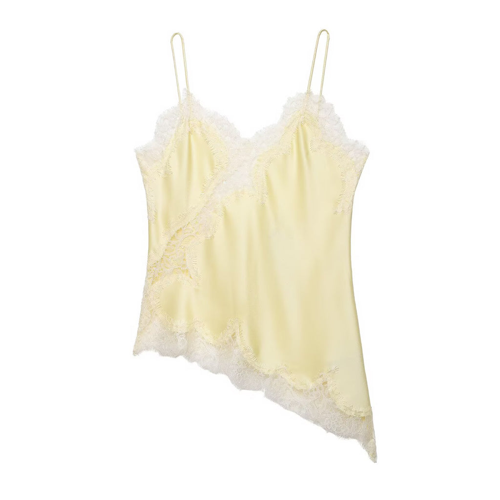 Lace Splice Satin Asymmetric Hem Camisole - Yellow