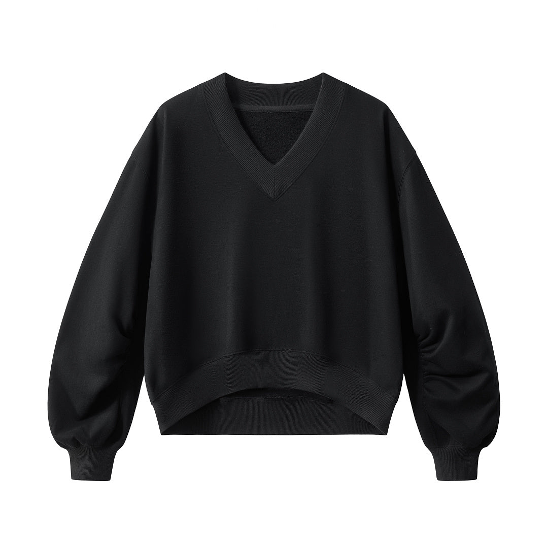 Cropped V Neck Sweatshirt With Ruched Sleeves - Black