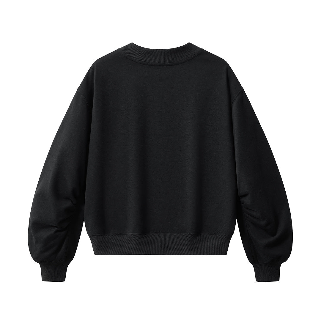 Cropped V Neck Sweatshirt With Ruched Sleeves - Black - 1
