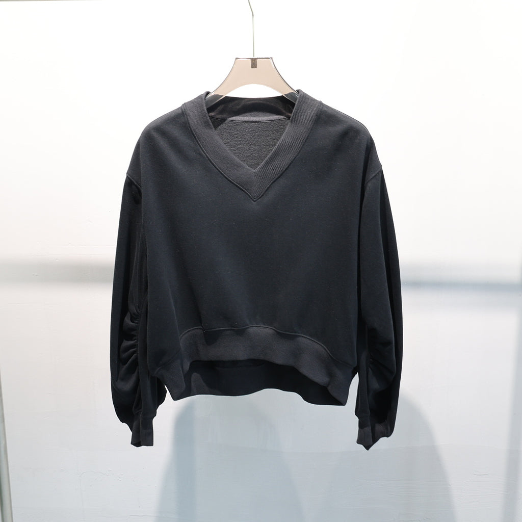 Cropped V Neck Sweatshirt With Ruched Sleeves - Black - 2