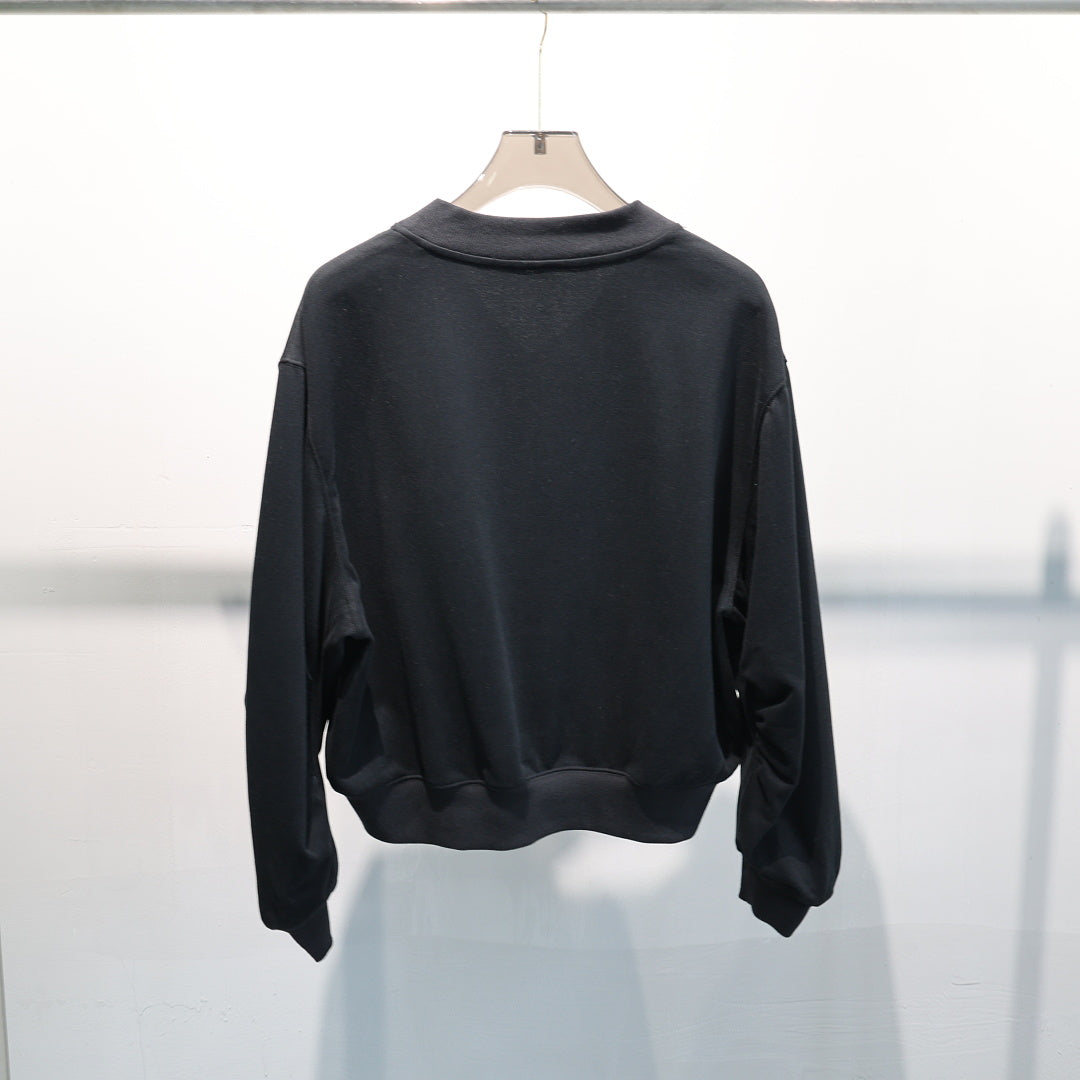 Cropped V Neck Sweatshirt With Ruched Sleeves - Black - 3