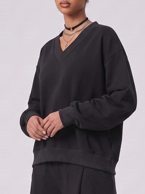 Cropped V Neck Sweatshirt With Ruched Sleeves - Black - 6