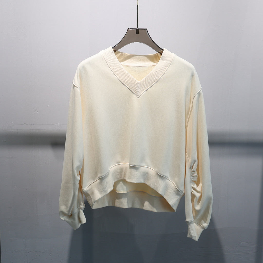 Cropped V Neck Sweatshirt With Ruched Sleeves - Cream