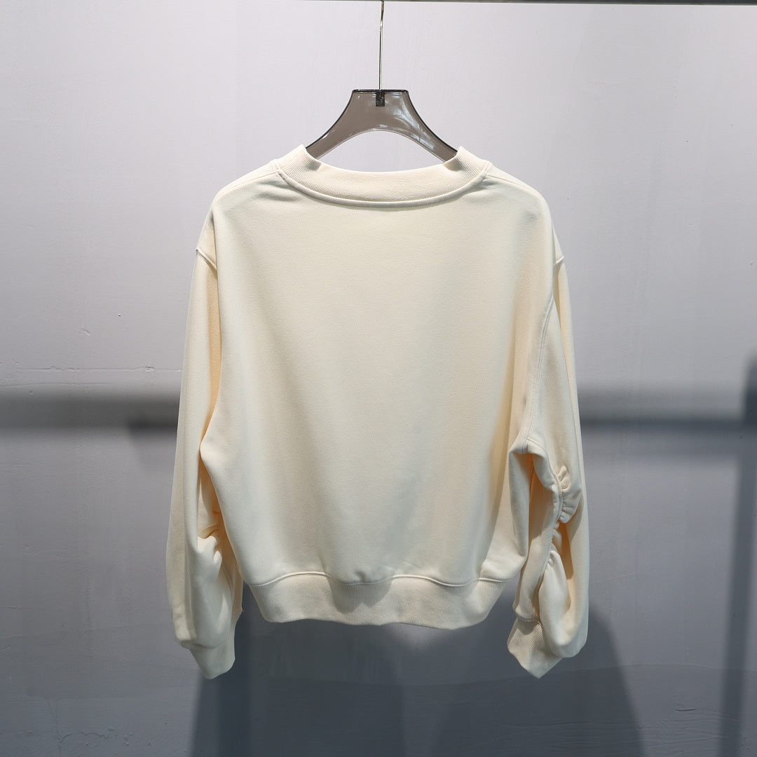 Cropped V Neck Sweatshirt With Ruched Sleeves - Cream - 1