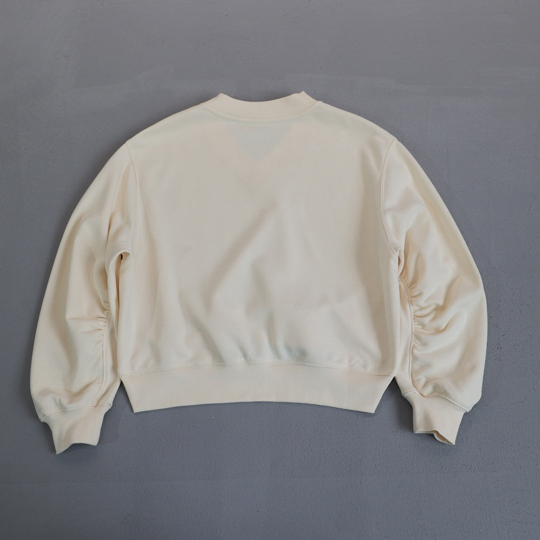 Cropped V Neck Sweatshirt With Ruched Sleeves - Cream - 2