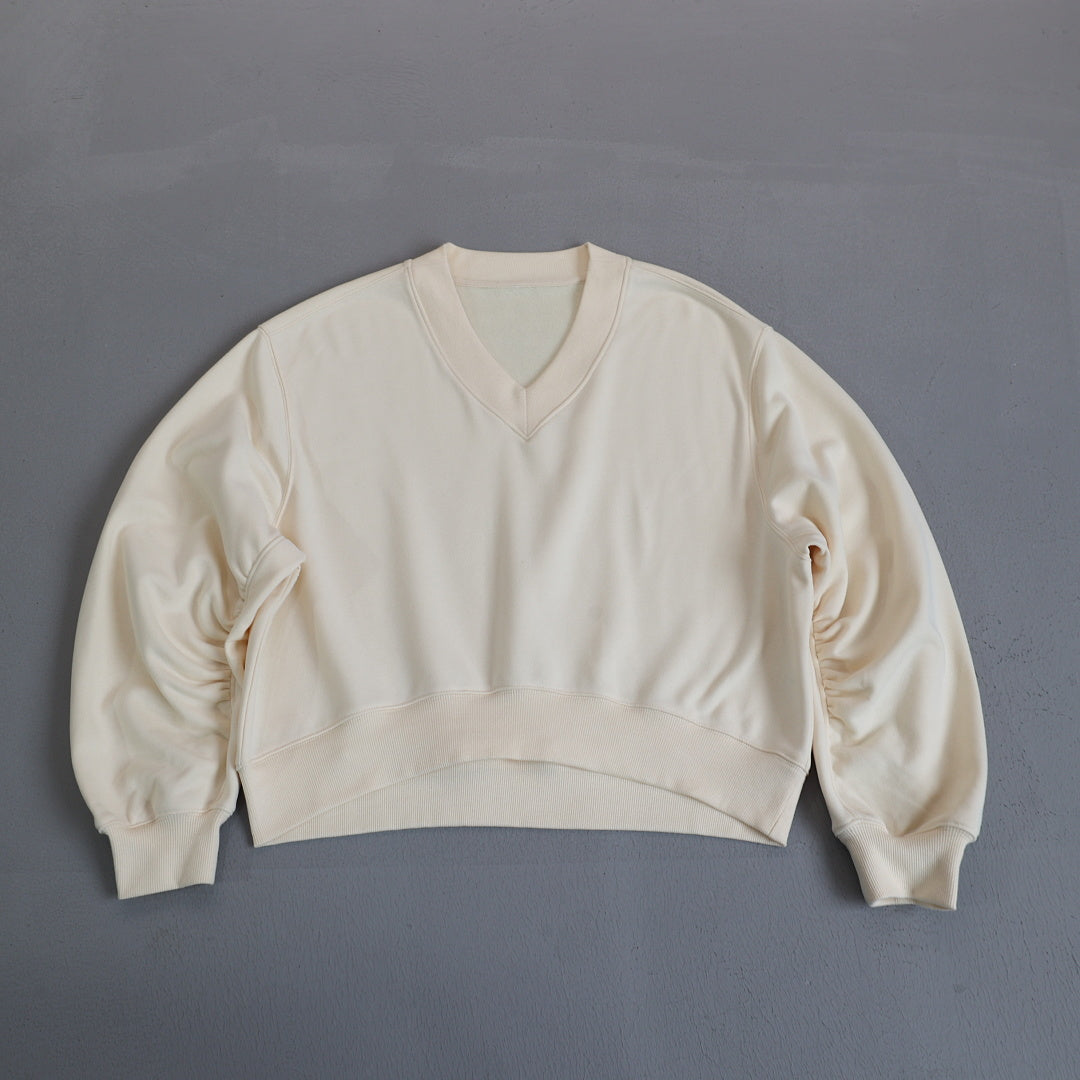 Cropped V Neck Sweatshirt With Ruched Sleeves - Cream - 3