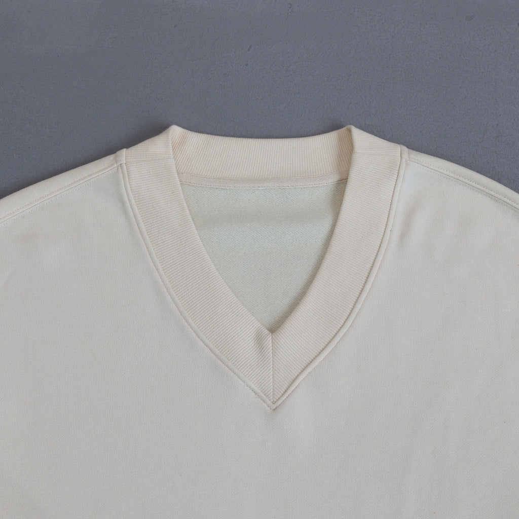 Cropped V Neck Sweatshirt With Ruched Sleeves - Cream - 4