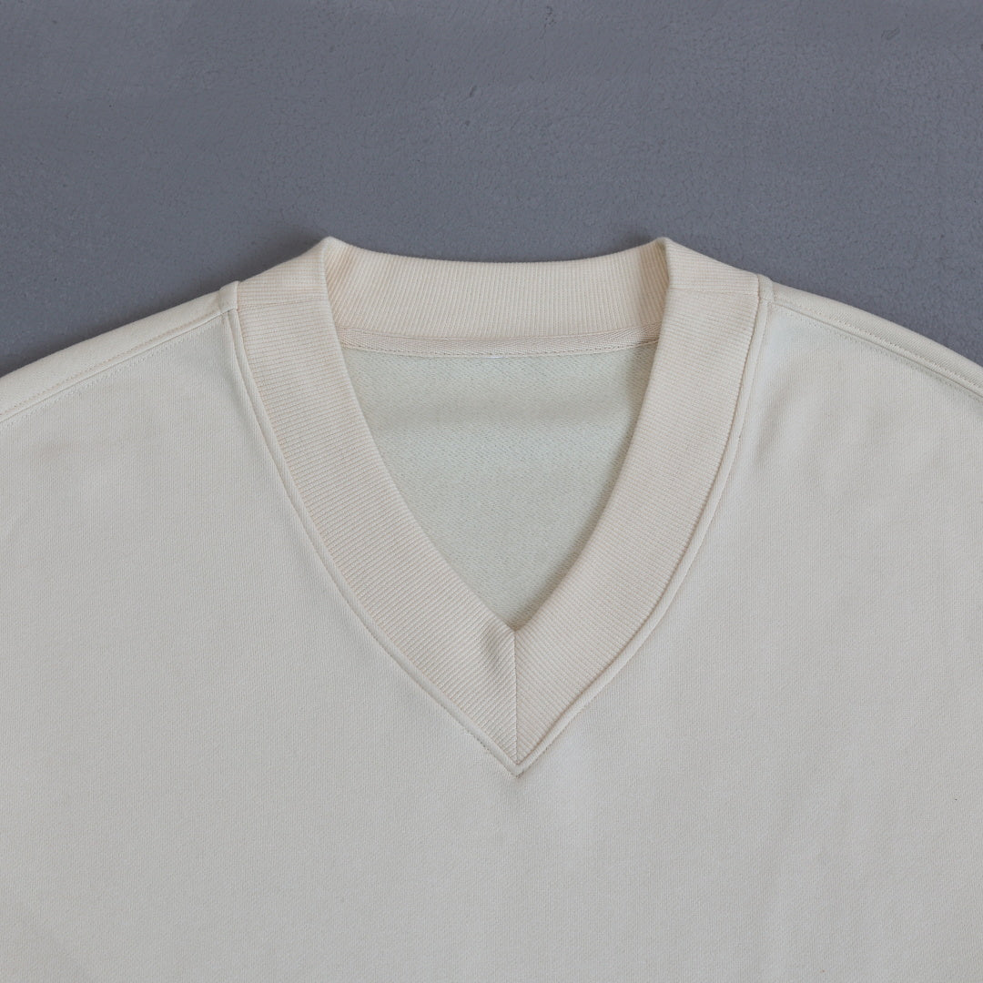 Cropped V Neck Sweatshirt With Ruched Sleeves - Cream - 4