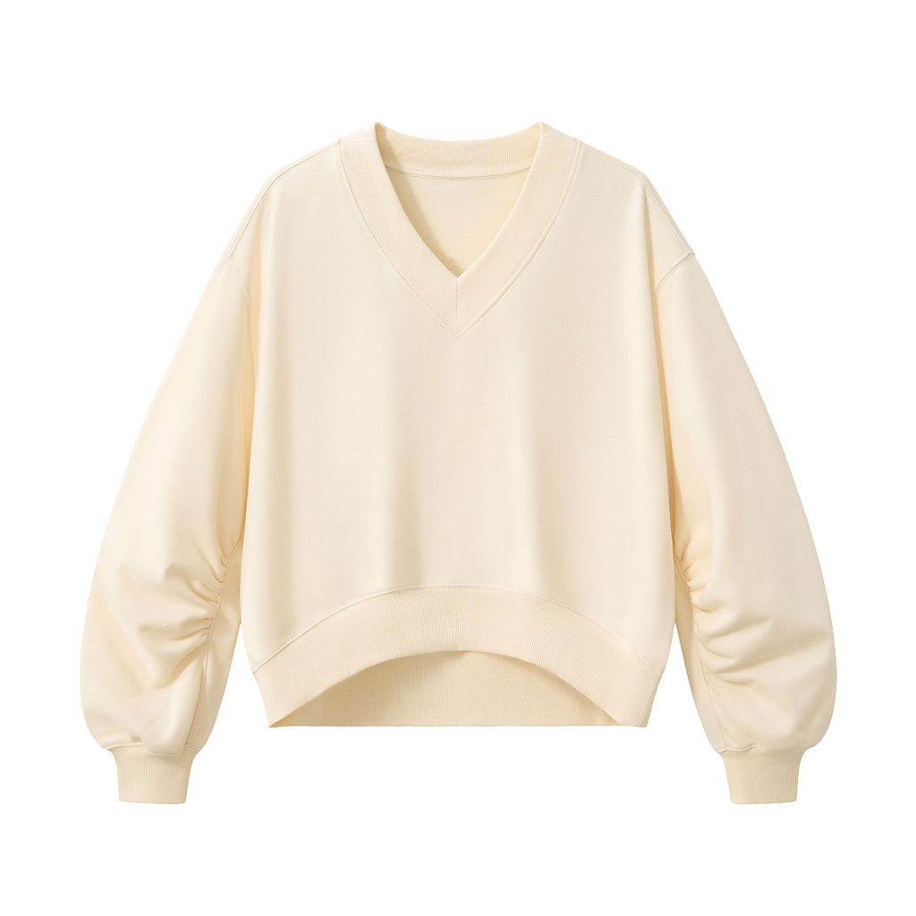 Cropped V Neck Sweatshirt With Ruched Sleeves - Cream - 5