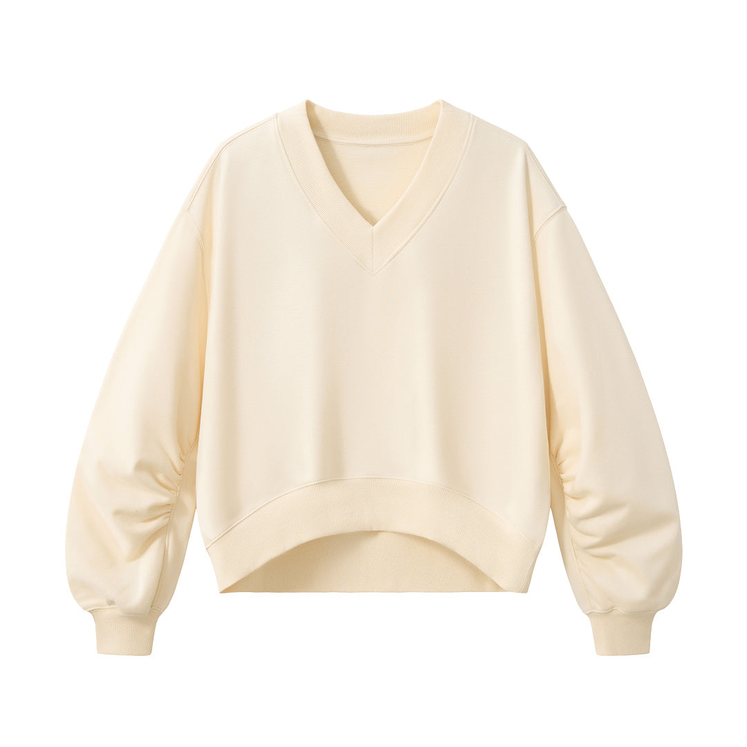 Cropped V Neck Sweatshirt With Ruched Sleeves - Cream - 5