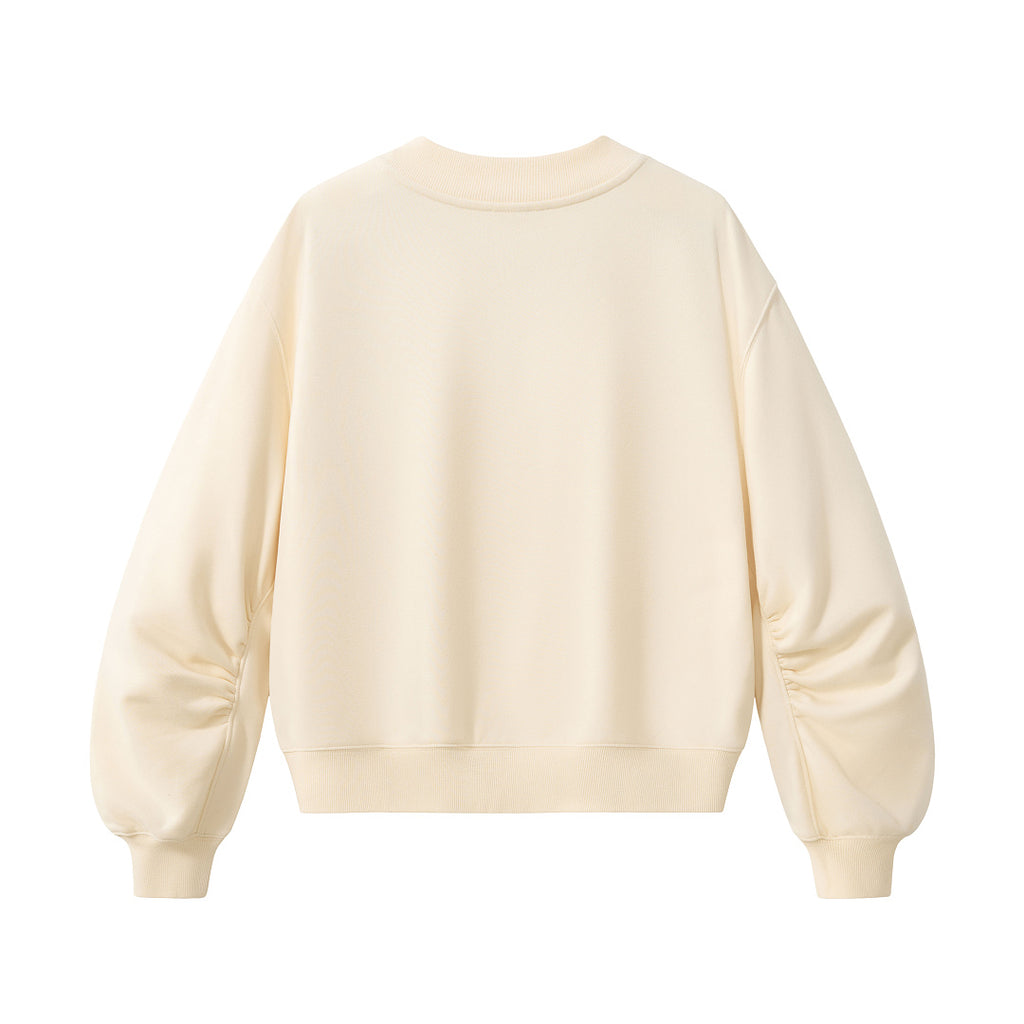 Cropped V Neck Sweatshirt With Ruched Sleeves - Cream - 6