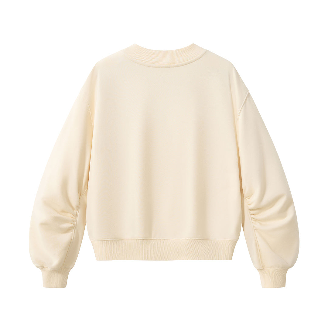 Cropped V Neck Sweatshirt With Ruched Sleeves - Cream - 6
