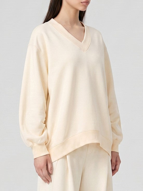 Cropped V Neck Sweatshirt With Ruched Sleeves - Cream - 7