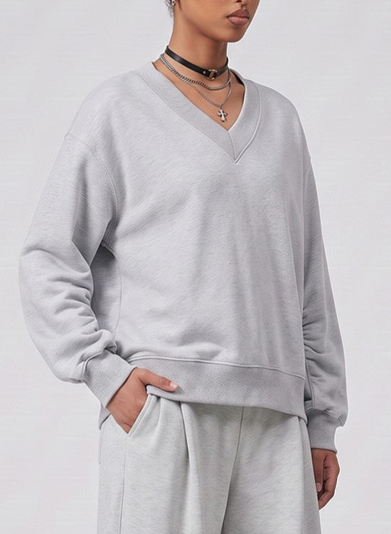 Cropped V Neck Sweatshirt With Ruched Sleeves - Grey