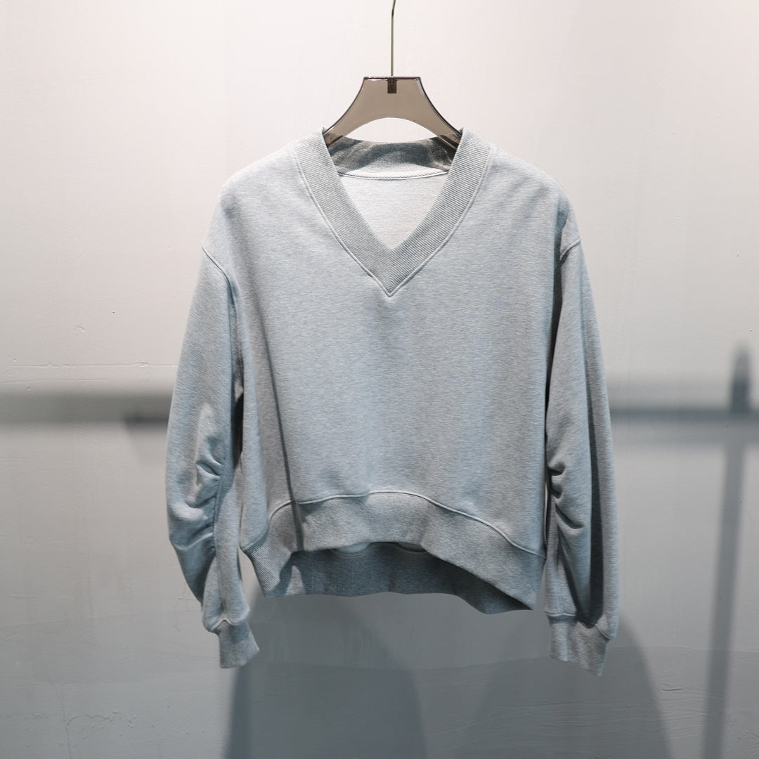 Cropped V Neck Sweatshirt With Ruched Sleeves - Grey - 1