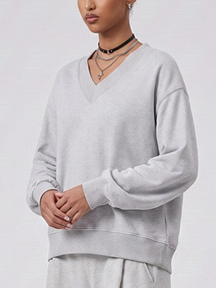 Cropped V Neck Sweatshirt With Ruched Sleeves - Grey - 18