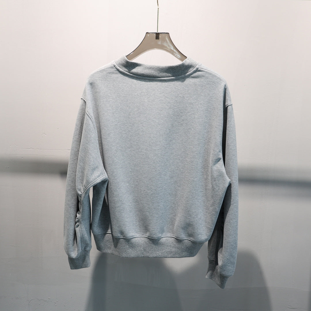 Cropped V Neck Sweatshirt With Ruched Sleeves - Grey - 2