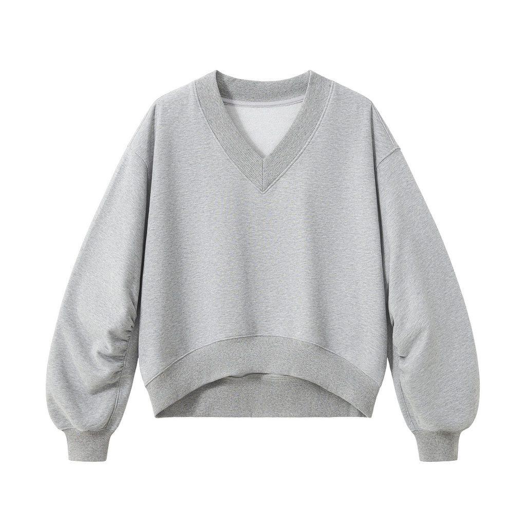 Cropped V Neck Sweatshirt With Ruched Sleeves - Grey - 5