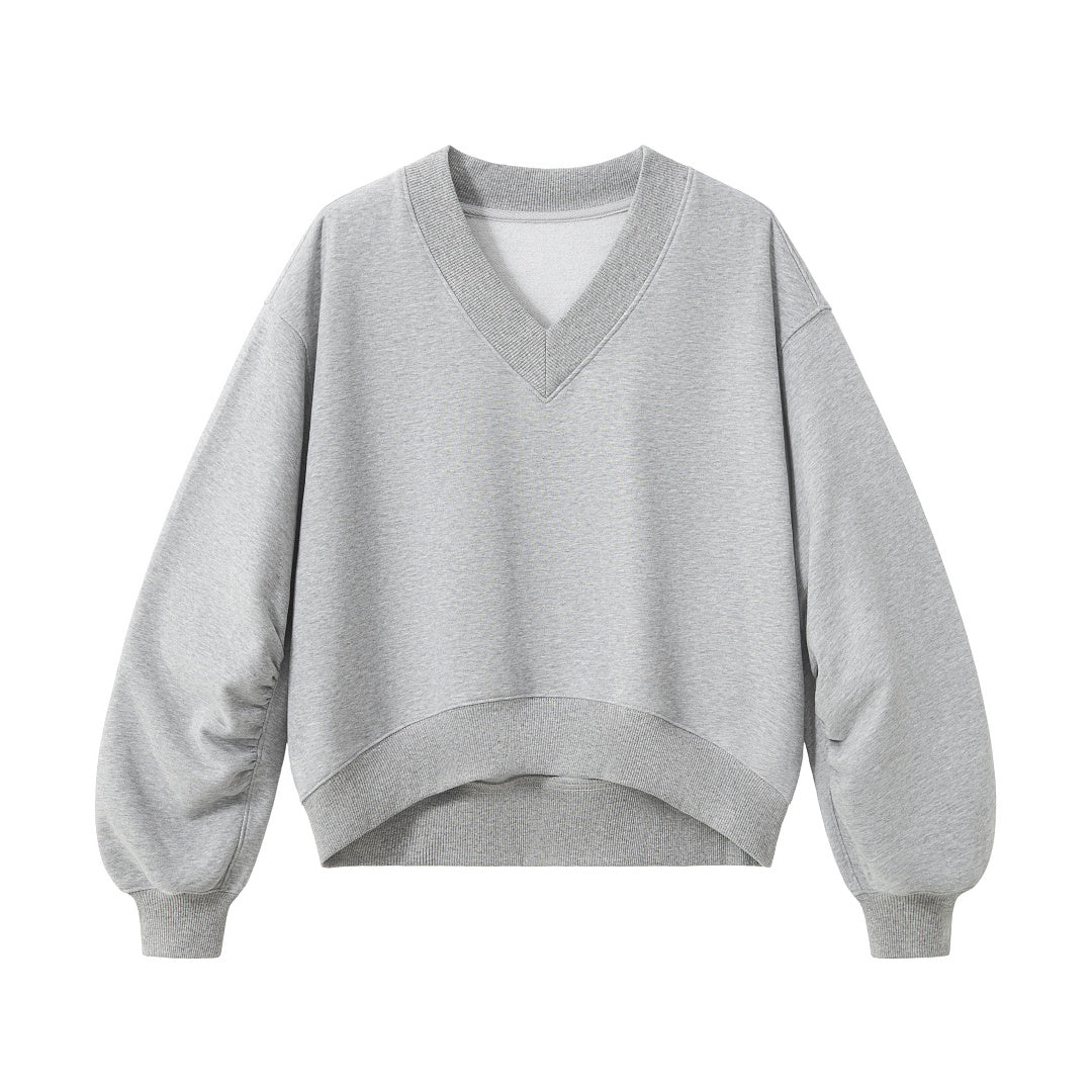 Cropped V Neck Sweatshirt With Ruched Sleeves - Grey - 5