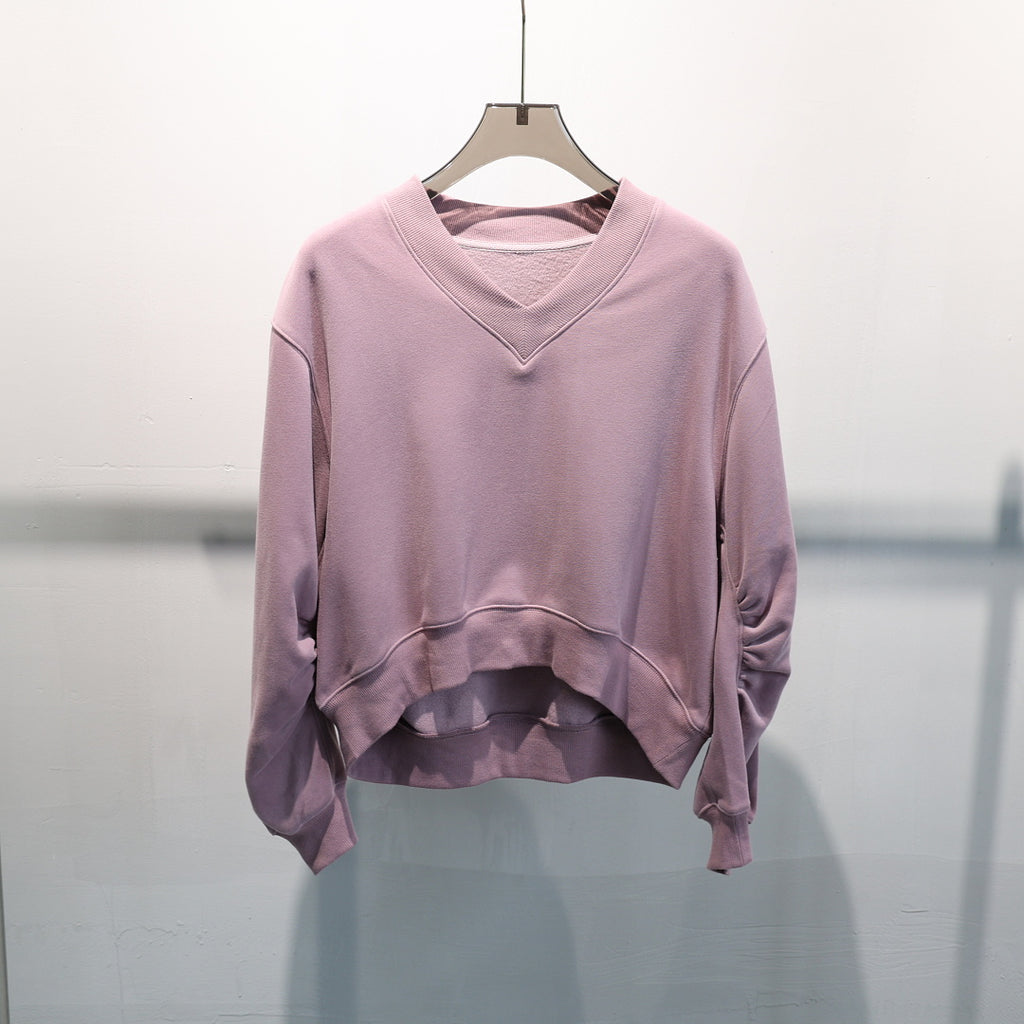Cropped V Neck Sweatshirt With Ruched Sleeves - Purple