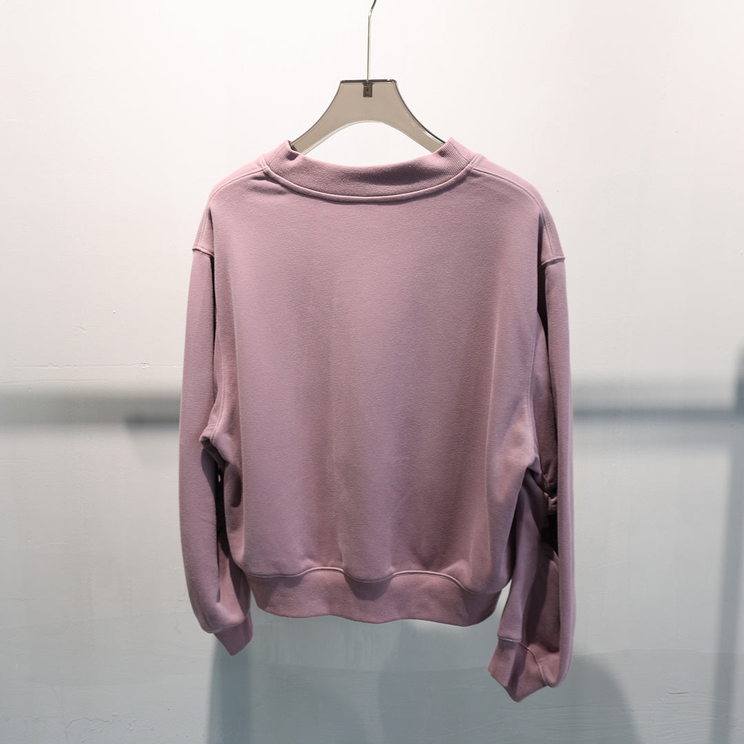 Cropped V Neck Sweatshirt With Ruched Sleeves - Purple - 1