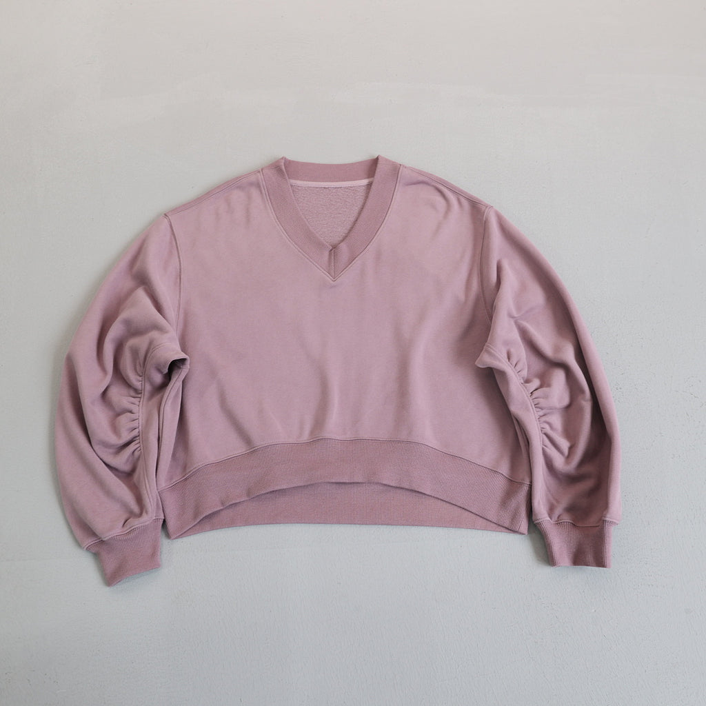Cropped V Neck Sweatshirt With Ruched Sleeves - Purple - 2